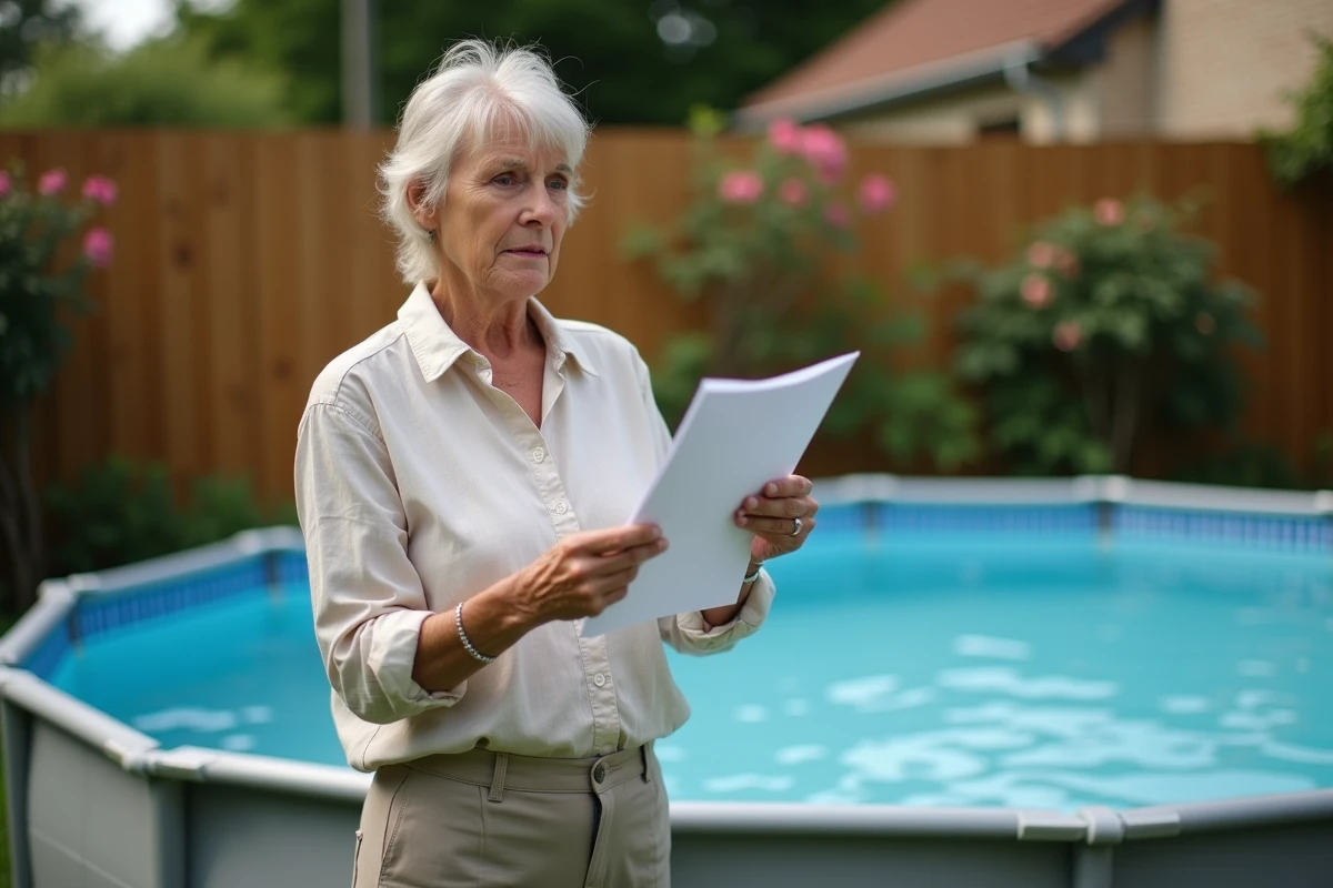 Femme consultant un document officiel près de sa piscine hors sol dans son jardin, expression préoccupée