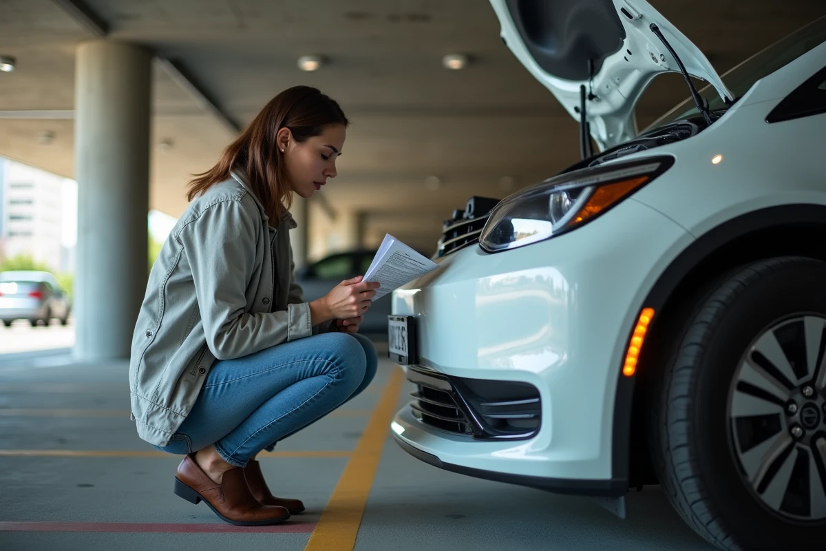 Propriétaire de voiture électrique consulte un manuel de maintenance dans un parking urbain