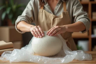 Femme emballant un vase fragile avec du papier bulle, côté bulles vers l'intérieur, sur une table en bois