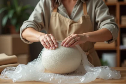 Femme emballant un vase fragile avec du papier bulle, côté bulles vers l'intérieur, sur une table en bois