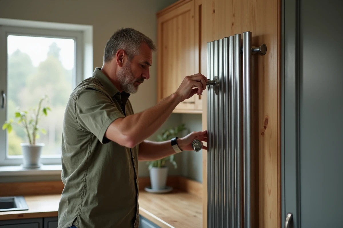 Homme réglant le thermostat d'un radiateur à eau chaude dans une cuisine moderne et saine