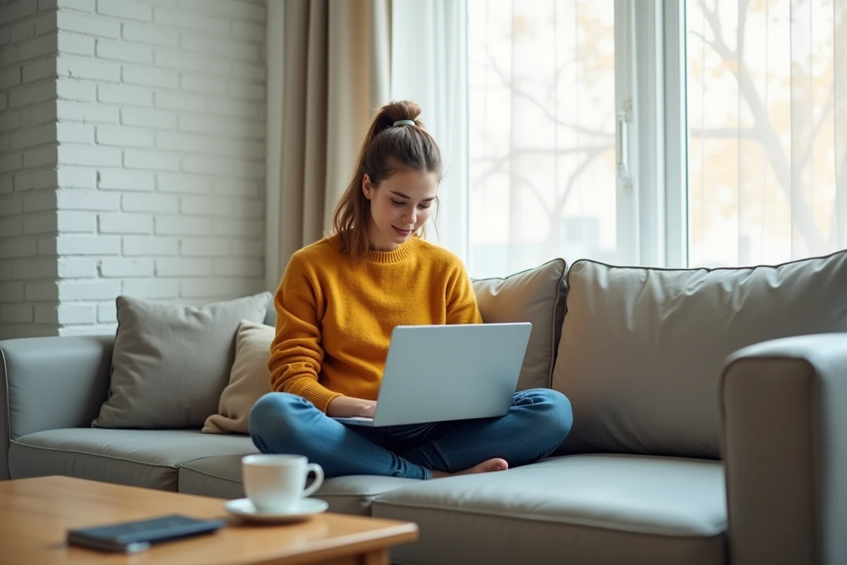 Jeune femme recherchant des options de financement voyage sur son ordinateur portable depuis son salon
