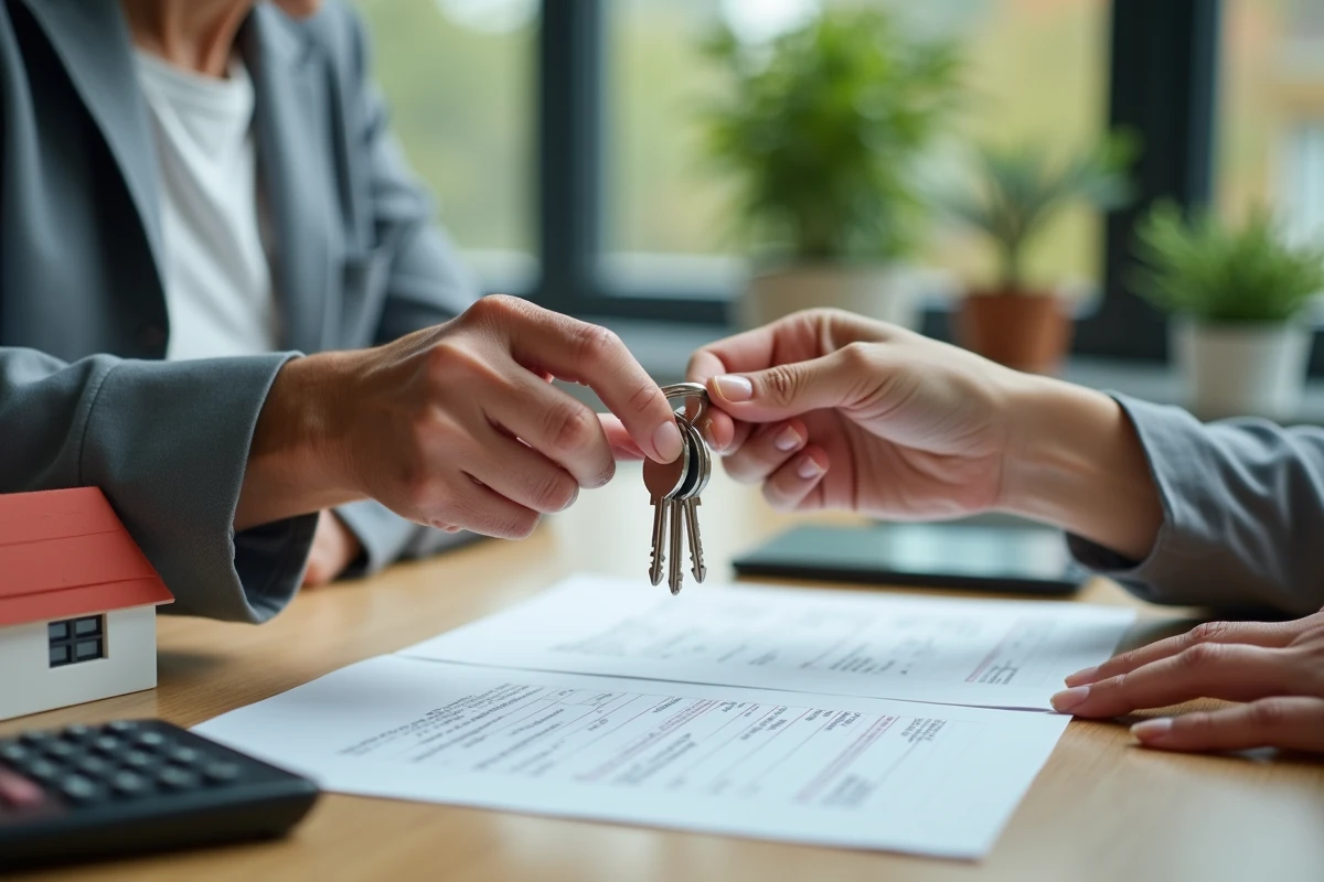 Remise de clés de maison entre vendeur et acheteur sur des documents de propriété immobilière