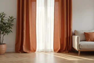 Rideau en lin terracotta tendance 2026 dans un salon scandinave aux tons chauds et naturels
