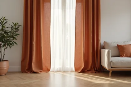 Rideau en lin terracotta tendance 2026 dans un salon scandinave aux tons chauds et naturels