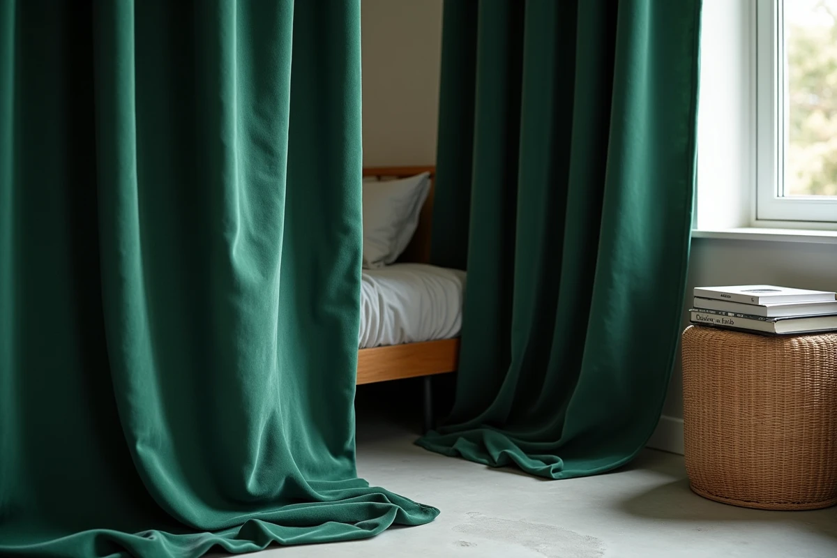 Rideau en velours vert forêt tendance 2026 dans une chambre cosy aux tons naturels et matières nobles