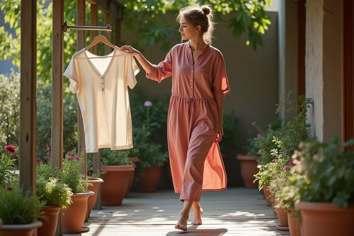 Femme en robe en coton biologique teint naturellement sur une terrasse en bois, vêtements sains et respectueux de la peau