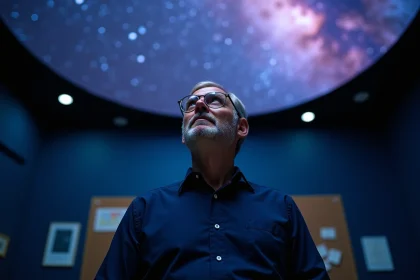 Scientifique contemplant une projection de la Voie Lactée dans un planétarium universitaire, illustrant la question du haut et du bas dans l'univers