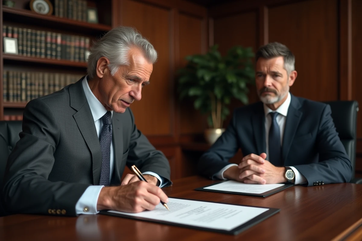 Un homme signe un acte de donation devant un notaire dans un bureau officiel