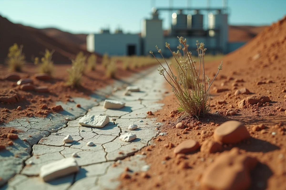 Gros plan sur un sol contaminé et une végétation morte aux abords d'une usine de traitement du lithium, révélant les résidus chimiques et la dégradation écologique causés par l'industrie minière.