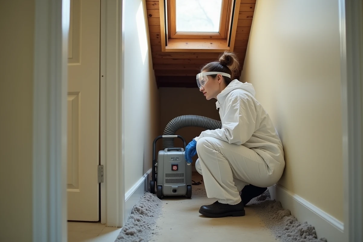 Femme en combinaison de protection utilisant une souffleuse pour insuffler de la ouate de cellulose dans les combles par une trappe de plafond