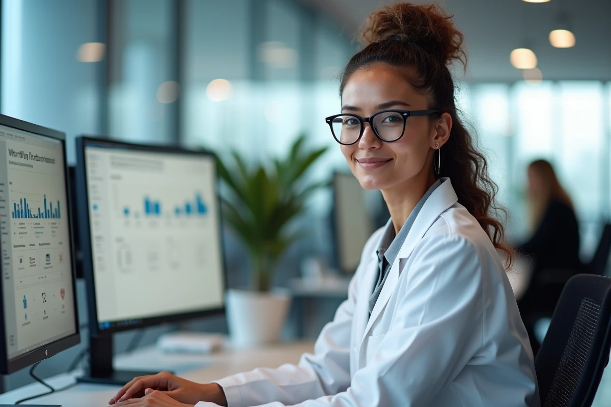 Femme spécialiste en automatisation travaillant sur des tableaux de bord de processus numériques dans un bureau moderne