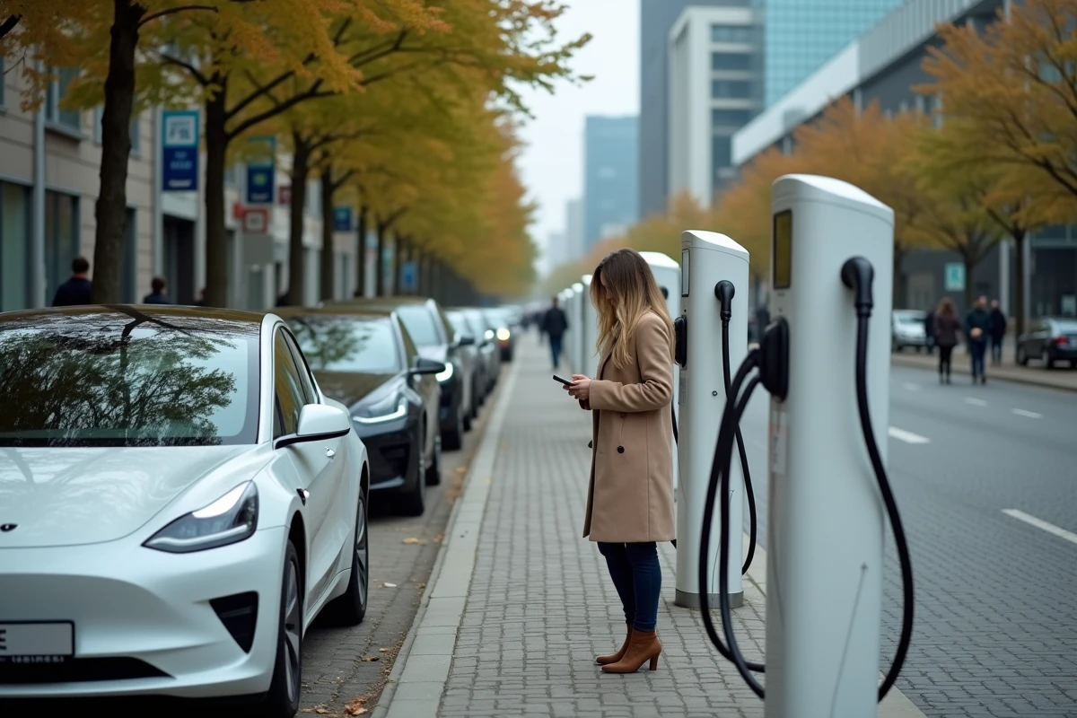 Station de recharge pour véhicules électriques en milieu urbain européen avec une femme utilisant son smartphone