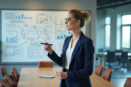 Femme d'affaires analysant des stratégies de développement devant un tableau blanc en salle de réunion