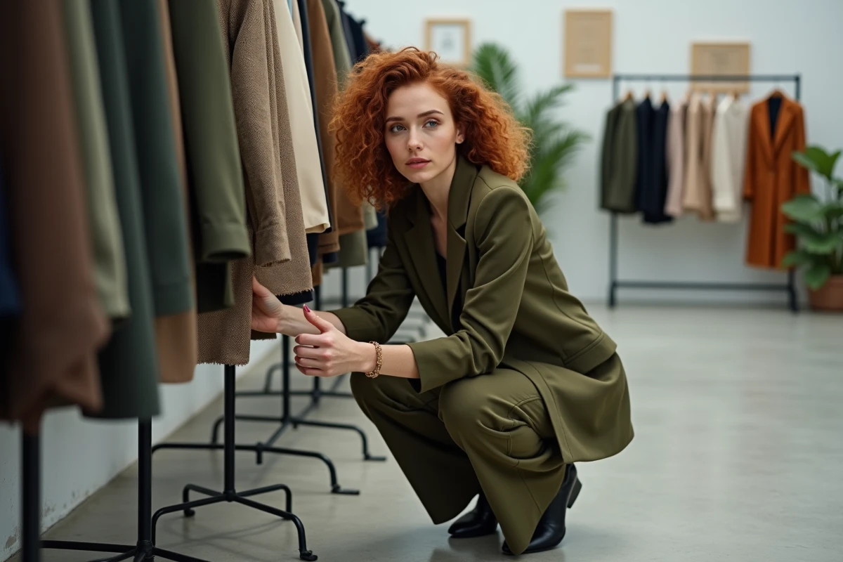 Jeune styliste féminine sélectionnant des vêtements sur un portant dans un showroom de mode moderne