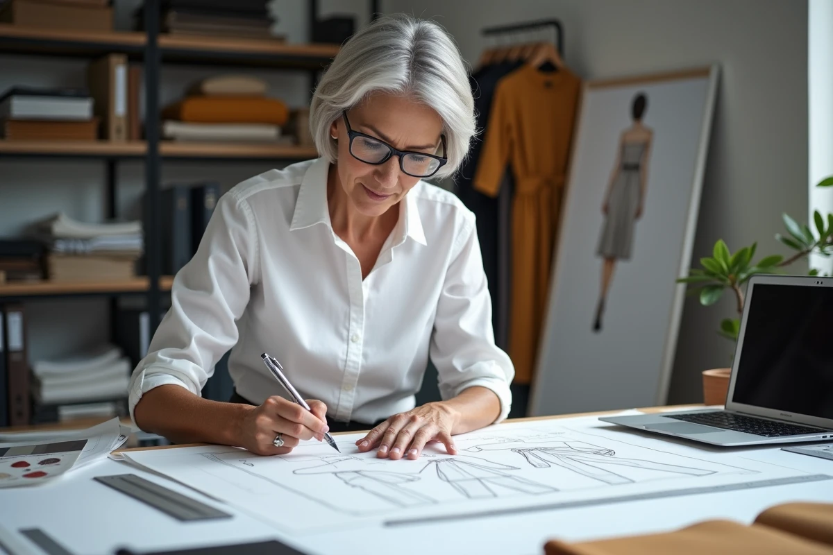 Styliste expérimentée travaillant sur des fiches techniques de création de mode à son bureau
