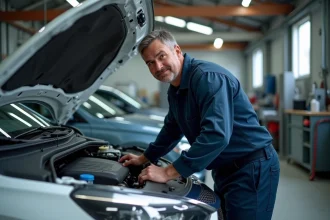 Technicien automobile inspectant le moteur d'une voiture fiable dans un garage professionnel