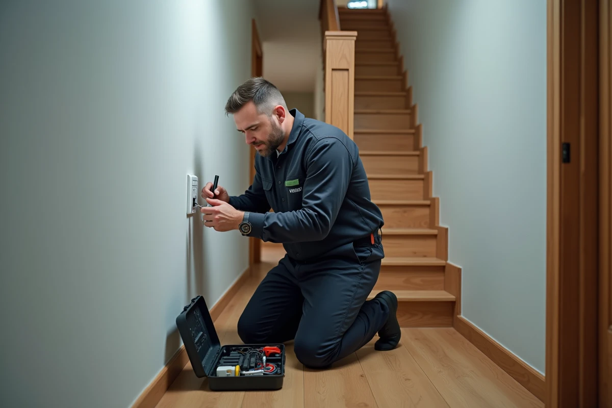 Technicien installant un thermostat connecté dans un couloir résidentiel lors d'une installation domotique professionnelle