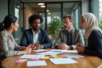 Groupe de professionnels de cultures différentes réunis autour d'une table de réunion, illustrant les tensions interculturelles en milieu de travail
