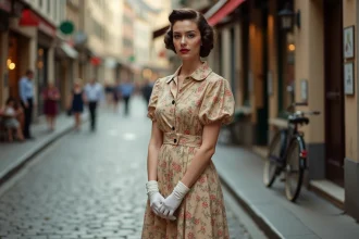 Femme des années 1940 en robe imprimée à épaules rembourrées et chaussures T-strap dans une rue pavée européenne