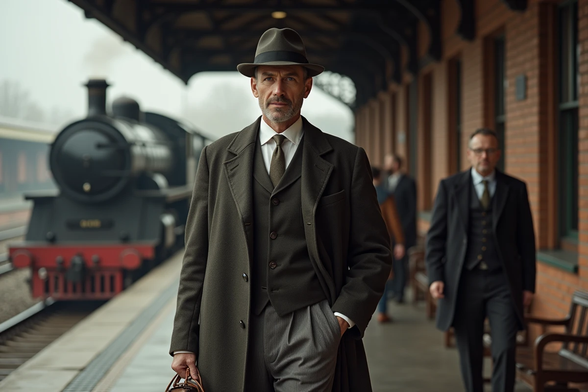Homme des années 1940 en costume en laine à larges revers et chapeau fedora dans une gare à vapeur