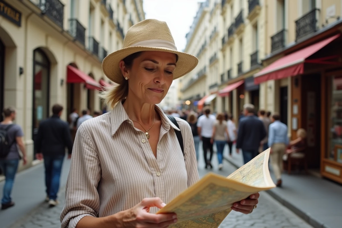 Touriste consultant une carte dans les rues pavées de Montmartre à Paris, illustrant le tourisme culturel en France