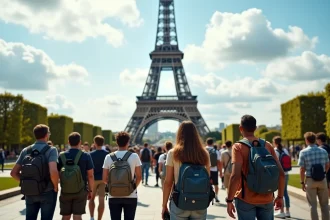 Groupe de touristes internationaux admirant la Tour Eiffel à Paris lors d'une journée typique de visite touristique en France