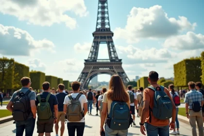 Groupe de touristes internationaux admirant la Tour Eiffel à Paris lors d'une journée typique de visite touristique en France