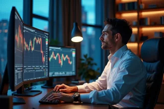 Trader professionnel analysant des graphiques d'actions et de crypto-monnaies sur plusieurs écrans dans un bureau moderne