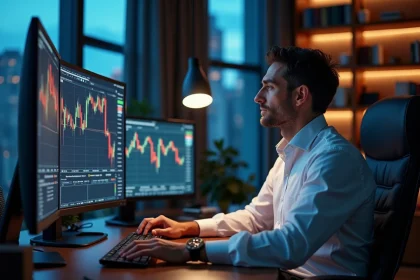 Trader professionnel analysant des graphiques d'actions et de crypto-monnaies sur plusieurs écrans dans un bureau moderne