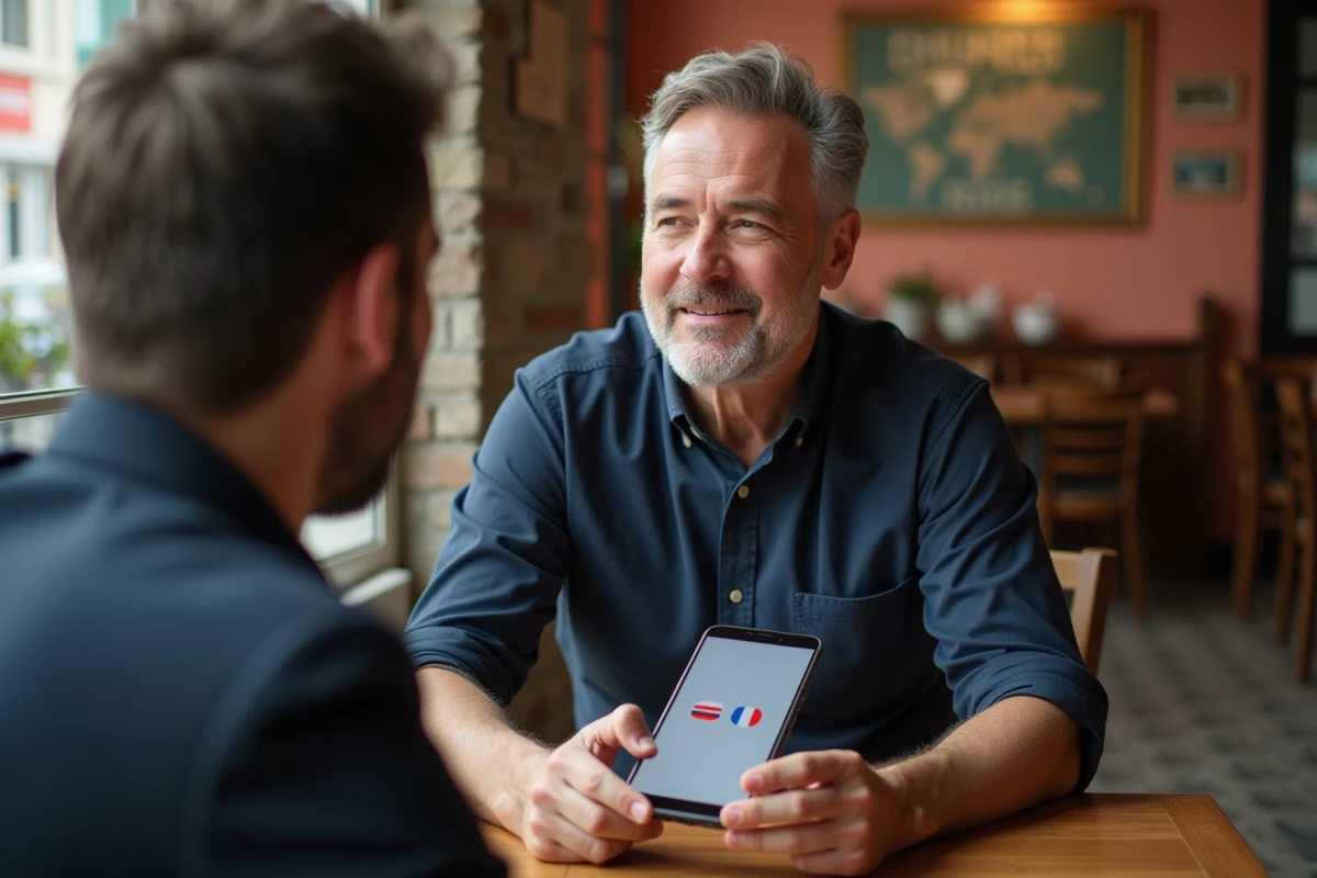 Deux personnes utilisant une application de traduction sur téléphone lors d'une conversation dans un café