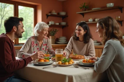 Famille multigénérationnelle partageant un repas autour d'une table en bois, illustrant la transmission des valeurs familiales entre générations