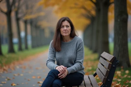 Femme d'âge moyen assise seule dans un parc en automne, regard perdu dans le vide, illustrant les troubles psychiatriques majeurs