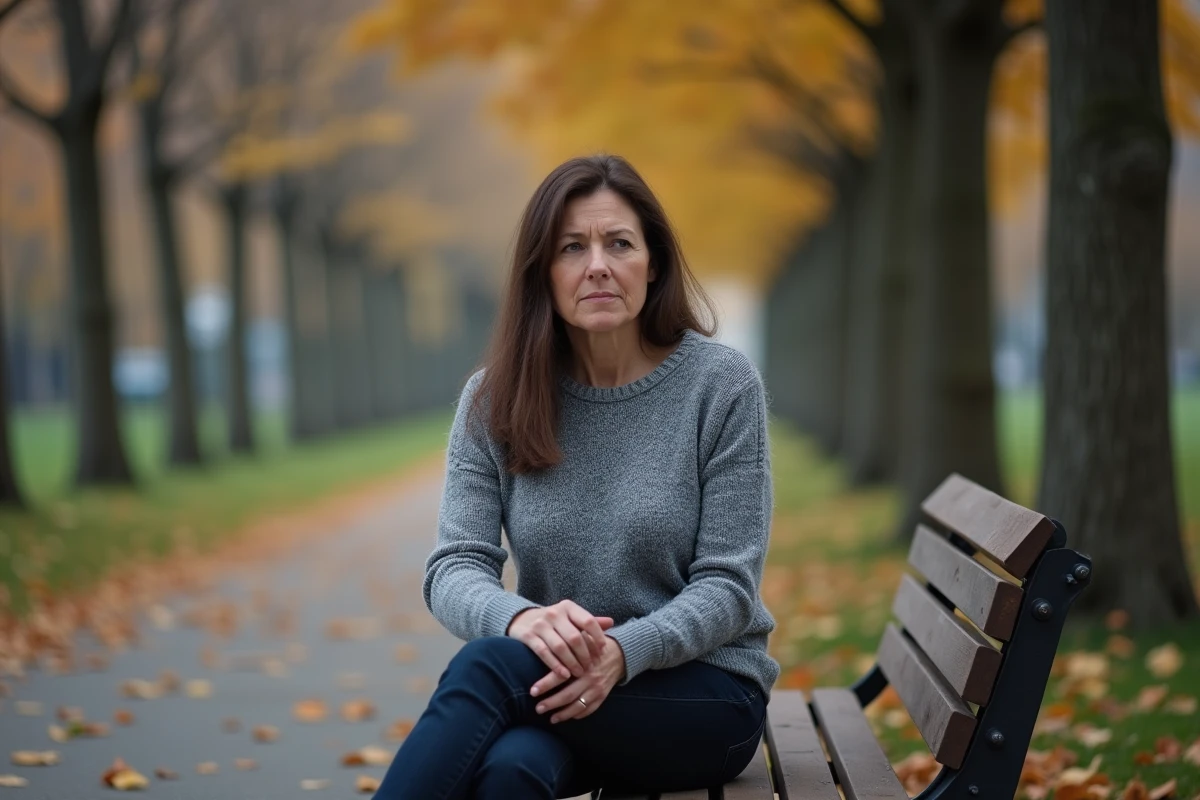 Femme d'âge moyen assise seule dans un parc en automne, regard perdu dans le vide, illustrant les troubles psychiatriques majeurs