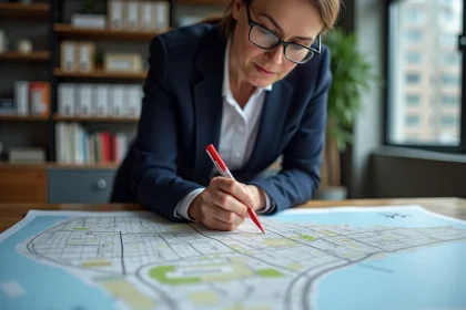 Urbaniste analysant un plan de zonage urbain dans un bureau municipal