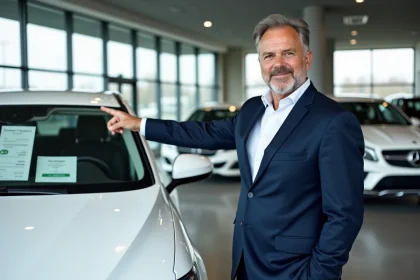 Vendeur automobile en costume devant une voiture neuve blanche dans un showroom moderne avec étiquette de prix visible