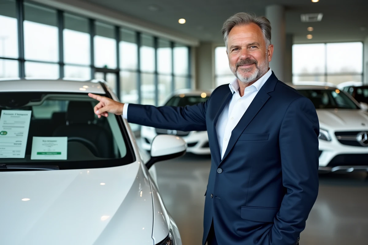 Vendeur automobile en costume devant une voiture neuve blanche dans un showroom moderne avec étiquette de prix visible