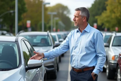 Un vendeur de voitures d'occasion présente les prix affichés sur les pare-brises dans un parc automobile extérieur
