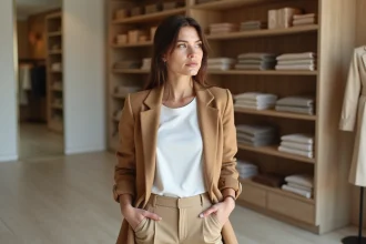 Femme portant une veste camel sur les épaules dans une boutique parisienne minimaliste, illustrant la veste comme accessoire de mode