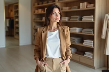 Femme portant une veste camel sur les épaules dans une boutique parisienne minimaliste, illustrant la veste comme accessoire de mode