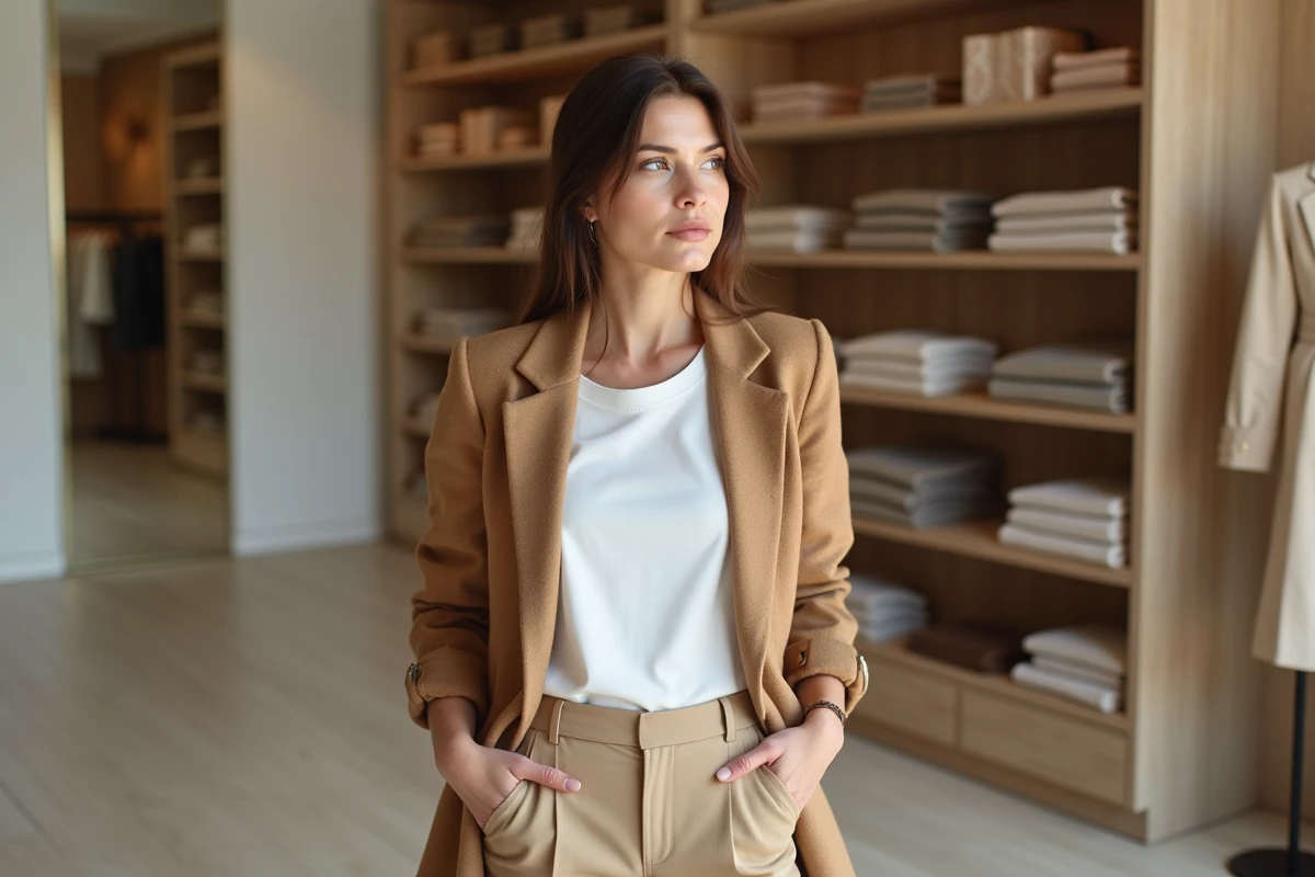 Femme portant une veste camel sur les épaules dans une boutique parisienne minimaliste, illustrant la veste comme accessoire de mode