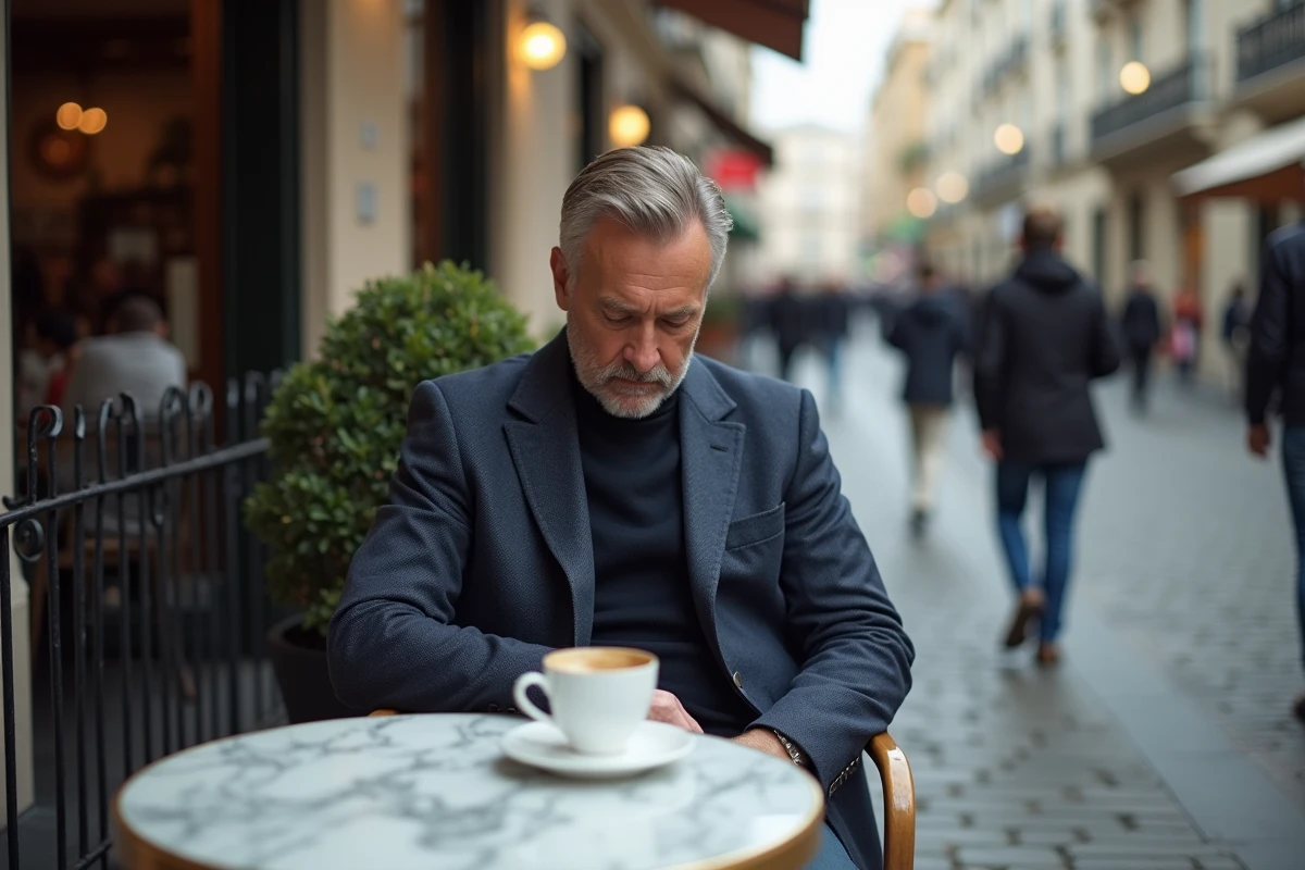 Homme assis en terrasse de café avec une veste marine posée sur le dossier de la chaise, veste utilisée comme accessoire du quotidien