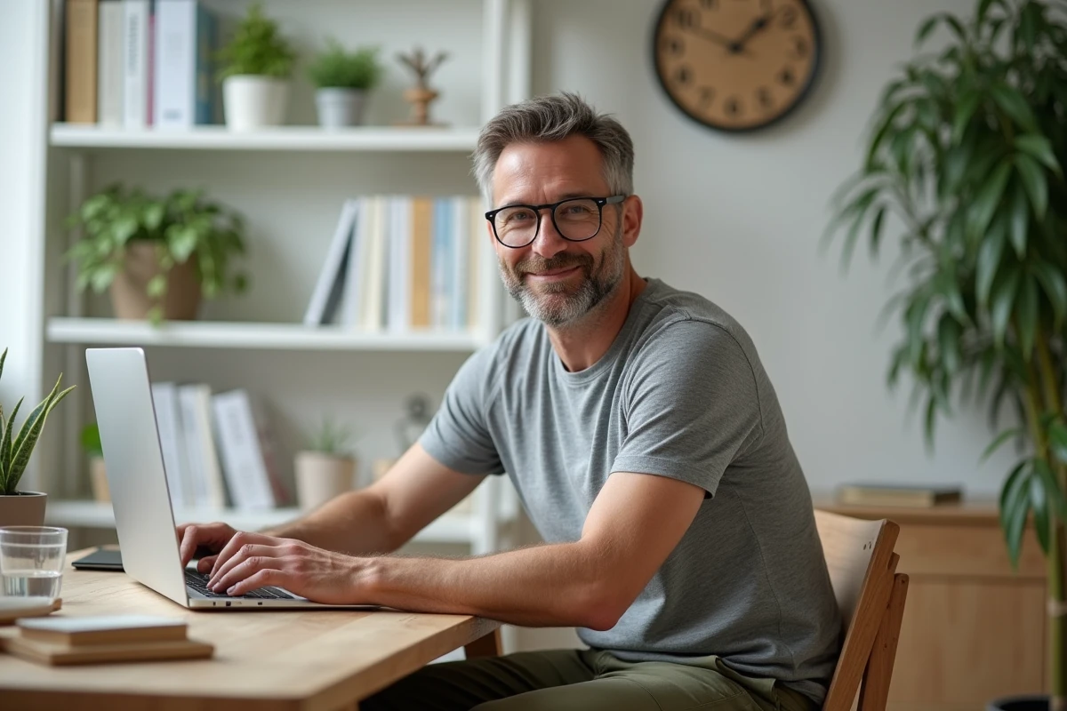 Homme en tenue de fibres naturelles bambou et chanvre dans un bureau minimaliste, vêtements respirants et non toxiques