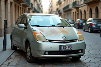 Voiture hybride âgée de 10 ans garée dans une rue urbaine, montrant des signes de vieillissement comme la peinture oxydée et les optiques jaunies