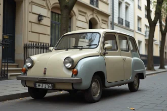 Voiture française au design controversé garée dans une rue parisienne, vue en contre-plongée trois quarts avant