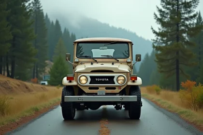 Ancienne Toyota Land Cruiser bien entretenue garée sur une route rurale entourée de pins, symbole de longévité automobile
