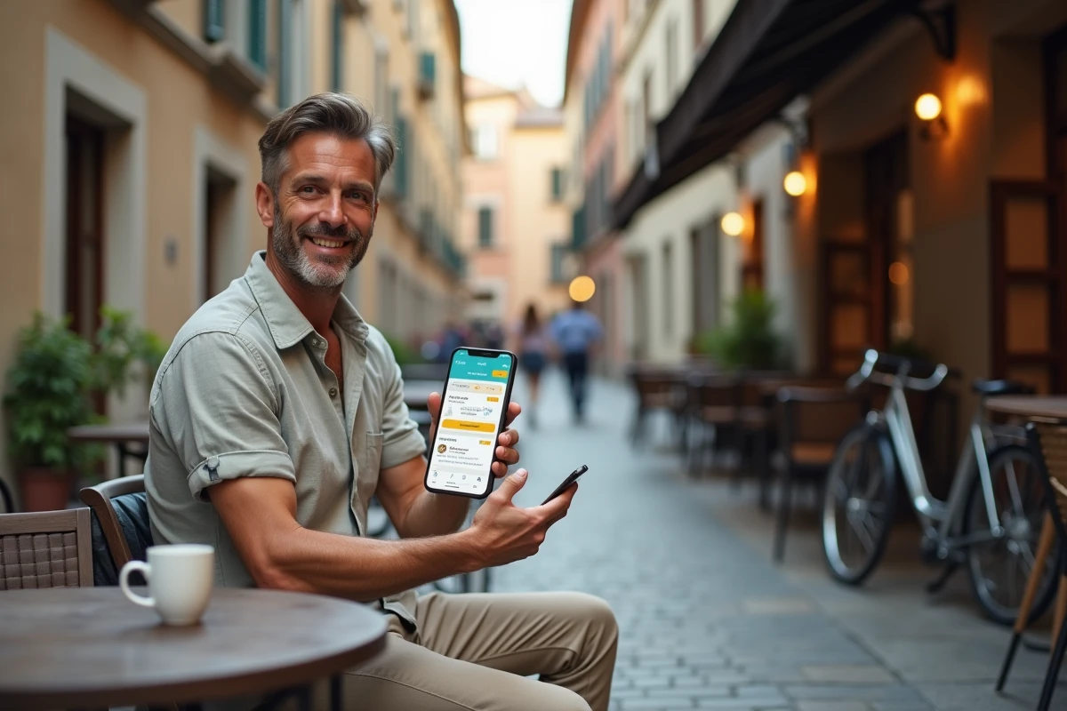 Voyageur utilisant une application de tourisme numérique sur smartphone en terrasse de café dans une ville européenne