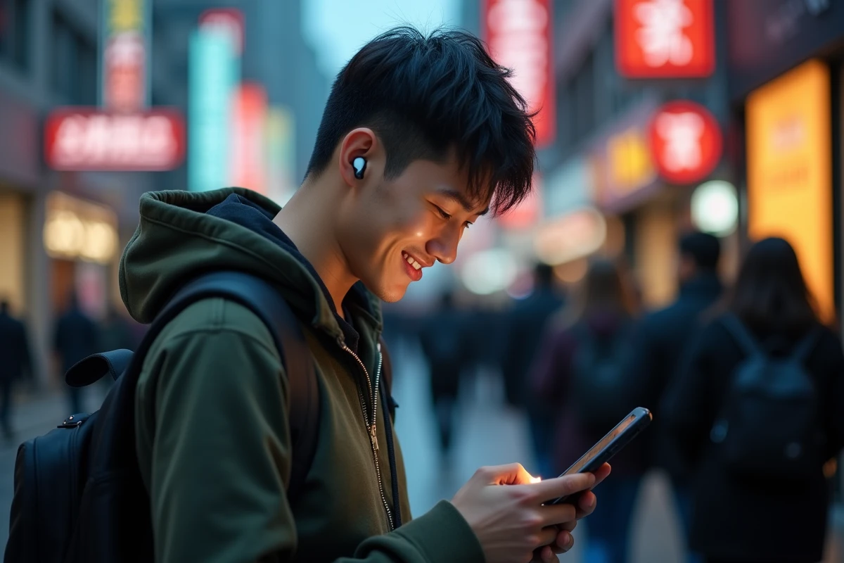 Jeune voyageur utilisant une application de traduction instantanée dans une rue animée en Asie