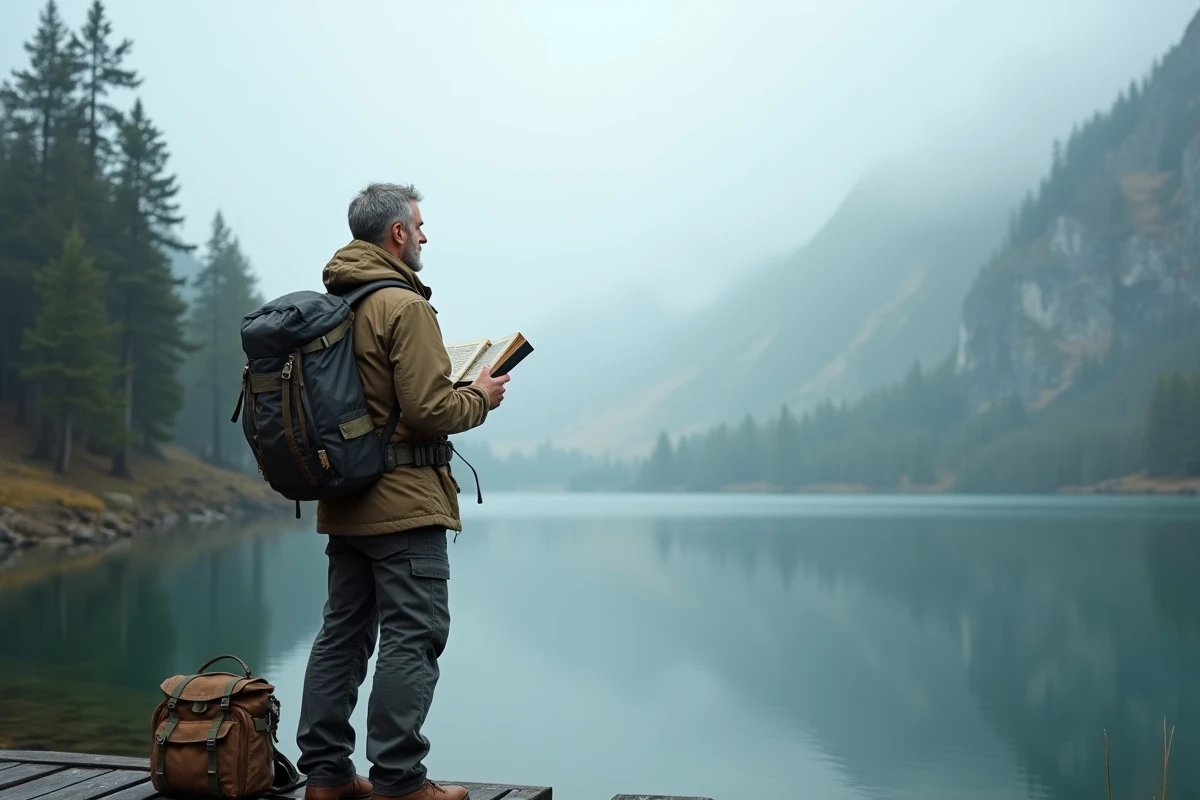 Voyageur contemplant un lac de montagne brumeux avec un guide de voyage à la main