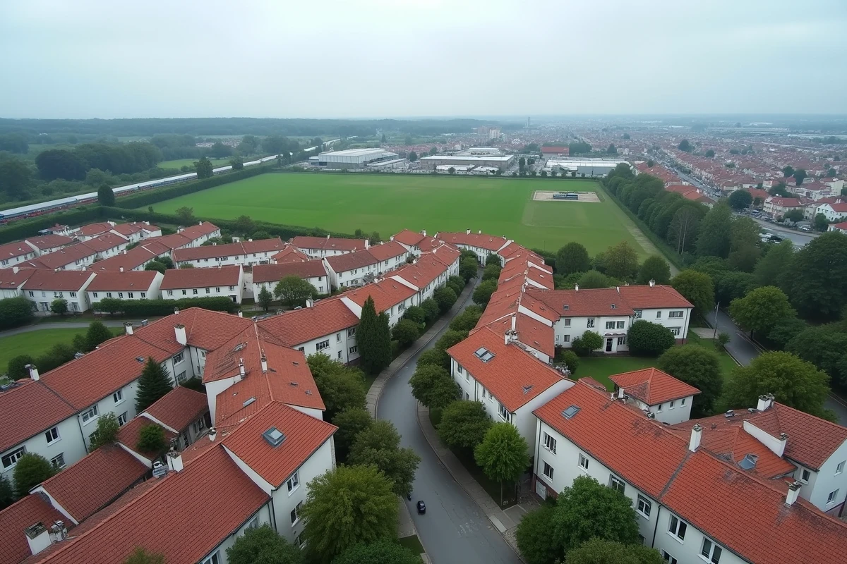 Vue panoramique d'une ville française illustrant la séparation entre zones résidentielles, agricoles et industrielles dans le cadre de l'urbanisme